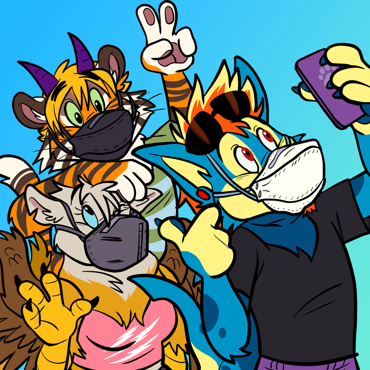 Three furs taking a selfie while wearing N95 masks